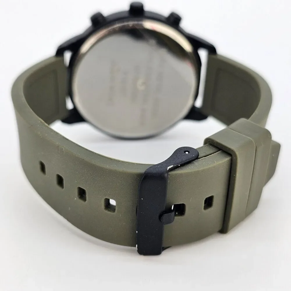 Men's Watch 45MM Black‎ Case Black Dial Dark Green Plastic Bands New Battery